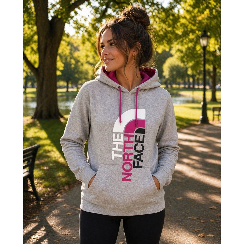 The North Face Hoodie Women Large Gray Pink Logo Graphic Pullover Sweatshirt